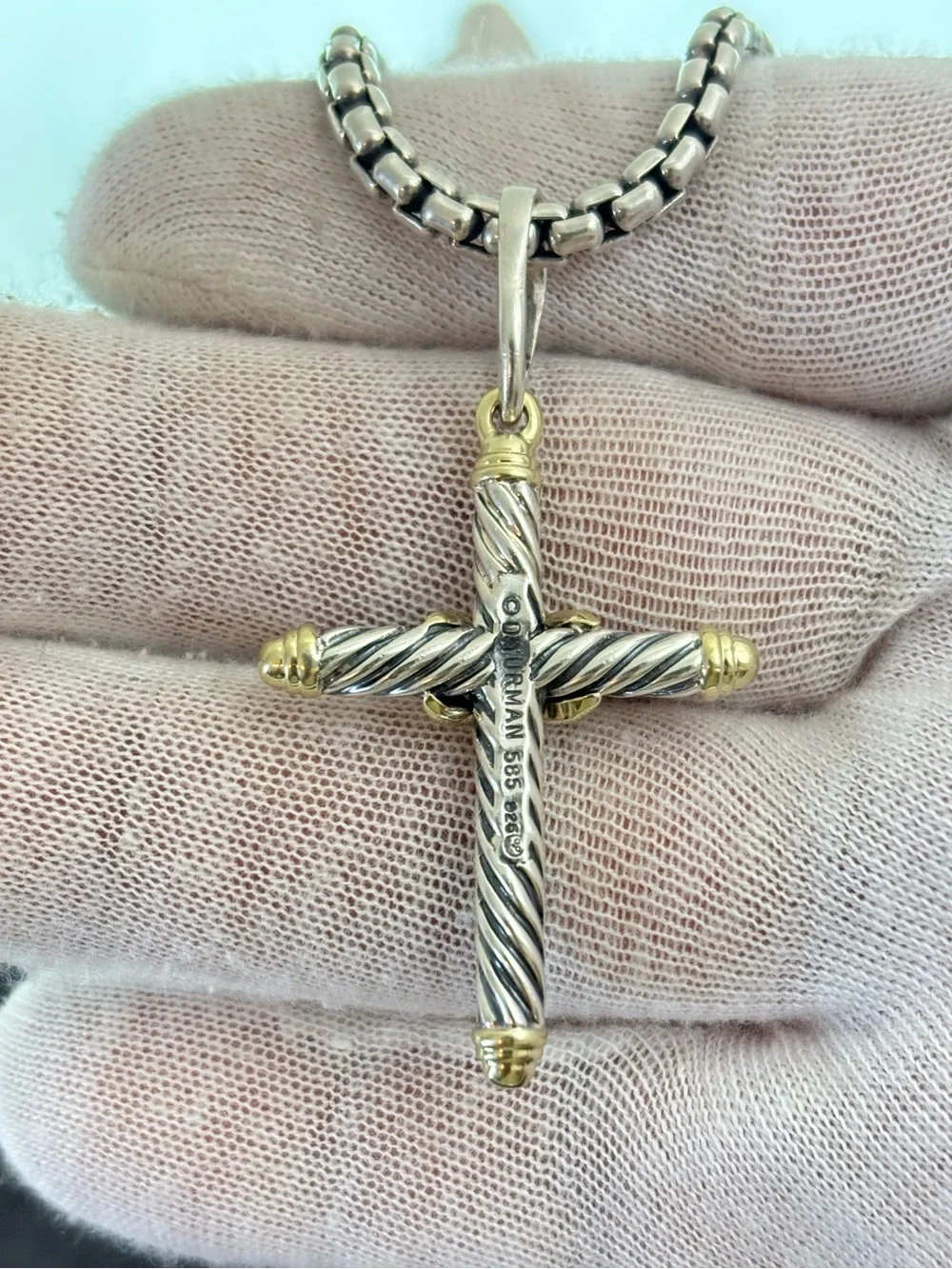 David Yurman 925 & 14k Gold Unisex Cable Cross Pendant Necklace 18